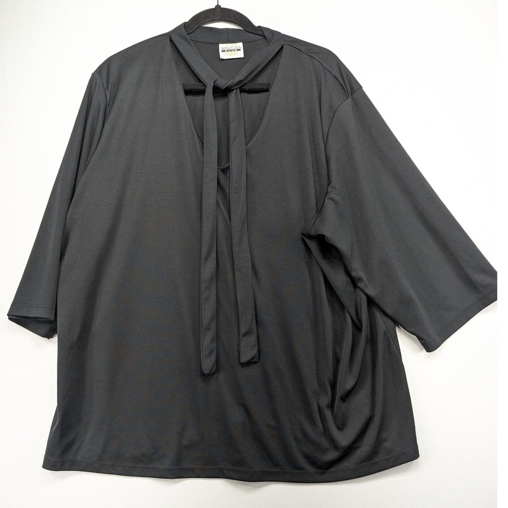 Bentley Plus Womens 3X Black Tie Neck Blouse 3/4 Sleeve V-Neck Top Made in‎ USA
